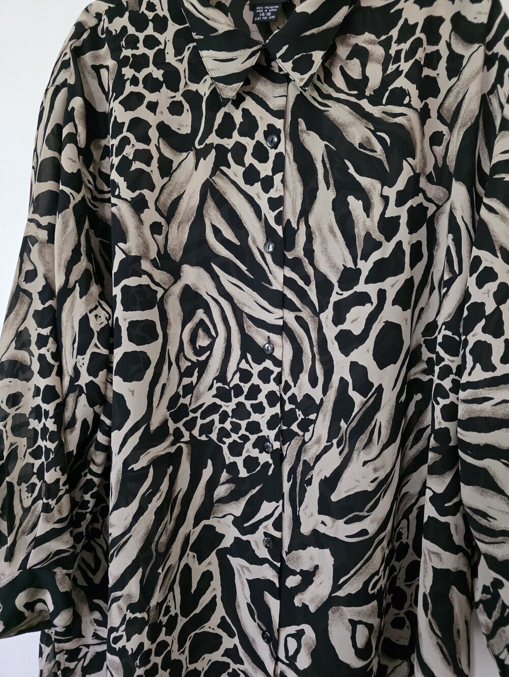 Jacque & Koko Black & Tan Animal Print Blouse Monochrome Earthy Maximalist 1X